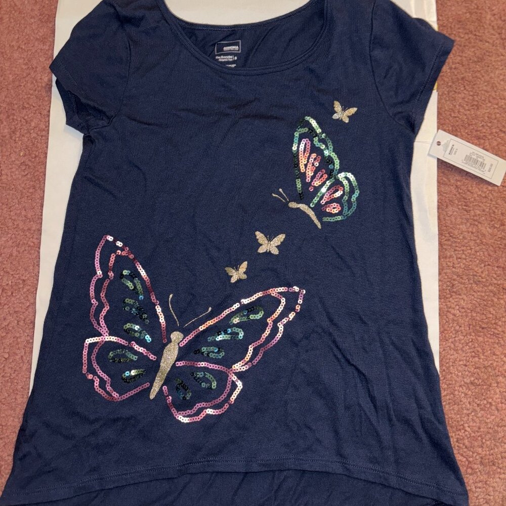 Sonoma Graphic Tee Butterfly Sequin Navy Girls Size 6 NWT